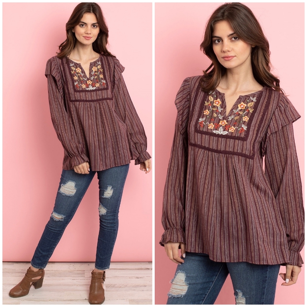 LLOVE Boho Chic Burgundy Striped Embroidered Top - Picture 9 of 9
